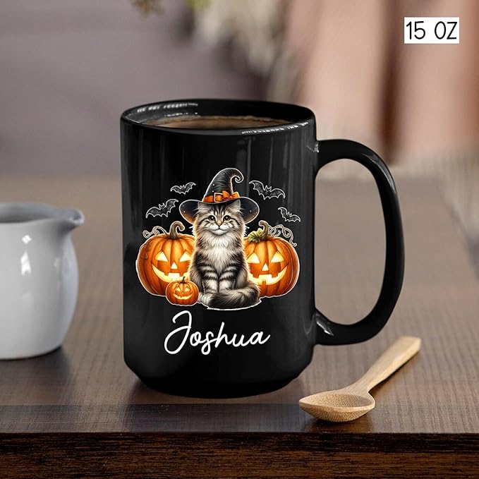Customized Siberian Wearing Witch Hat Coffee Cup with Name, Personalized Siberian Cat Pumpkins Ceramic Mugs 11oz 15oz, Halloween Cat Cup Gift for Dad Mom Kid, Pet Owner Halloween Black Mug-CubbioJoy
