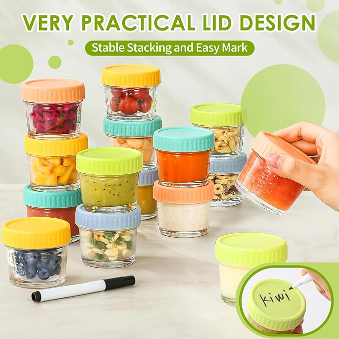 DRKIO 20 Pack Glass Baby Food Storage Containers 4 Oz Baby Food Jars with Lids Baby Food Maker Microwave Dishwasher Freezer Safe 100% Leak-Proof BPA Free-CubbioJoy