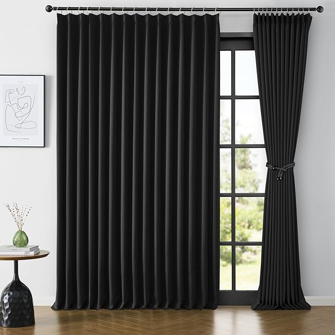 KEQIAOSUOCAI Extra Wide Black Pinch Pleated Curtains 100 x 95, Thermal Insulated Noise Cancelling Living Room Drapes 95 Inches Long, Patio Sliding Glass Door Window Curtain 2 Panels-CubbioJoy