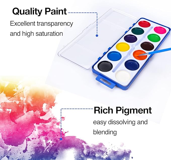 42 Pack Watercolor Paint Set for Kids, 12 Colors Watercolors Paints with Paint Brush, Kids Watercolor Paint Set for Party Favor, Classroom.-CubbioJoy