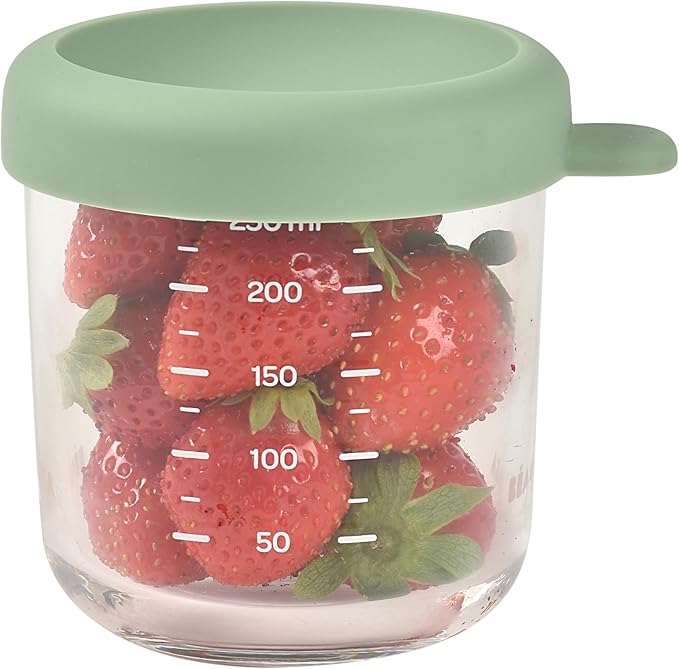 BEABA 8 oz Glass Baby Food Jars with Soft Silicone Air Tight Lids, Glass Storage Containers with Lids, Microwave and Freezer Safe Containers, Sage-CubbioJoy