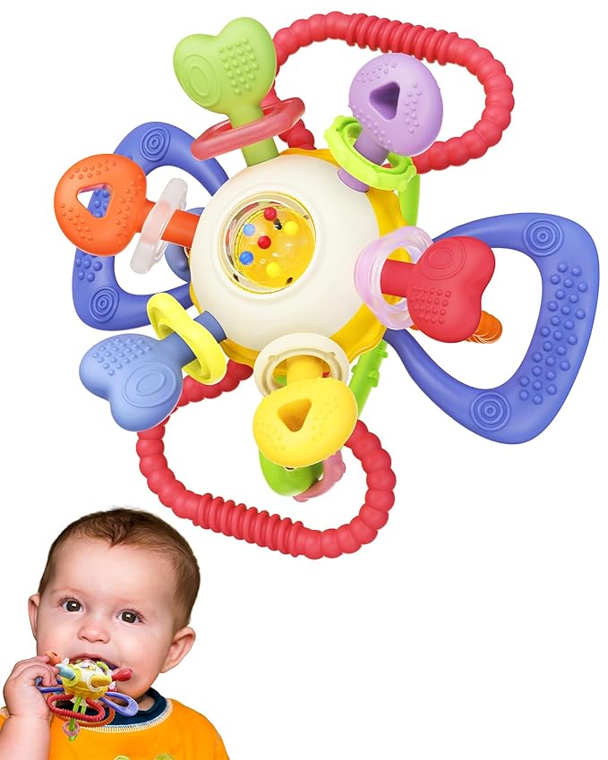 Baby Montessori Sensory Teething Toy – Safe, Multi-Functional BPA-Free Silicone Teether Toy for Babies 0-12 Months – Vibrant Rattle for Teething Relief & Fun Play – Perfect Baby Toys for Boys & Girls-CubbioJoy