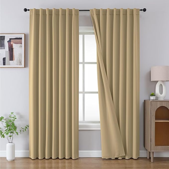 Joydeco 90 Inch Blackout Curtains for Bedroom, Thermal Insulated Black Out Curtains 2 Panels Se, Room Darkening Drapes for Living Room Window Rod Pocket Back Tab (W52 x L90 Inch, Beige)-CubbioJoy