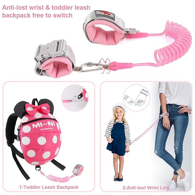 CZSYZCZS 4 in 1 Toddler Harness Leash + Baby Anti Lost Wrist Link, Cute Child Safety Harness Tether, Child Walking Harness Wristband Assistant Strap Belt for Baby Girls(Rose Red)-CubbioJoy