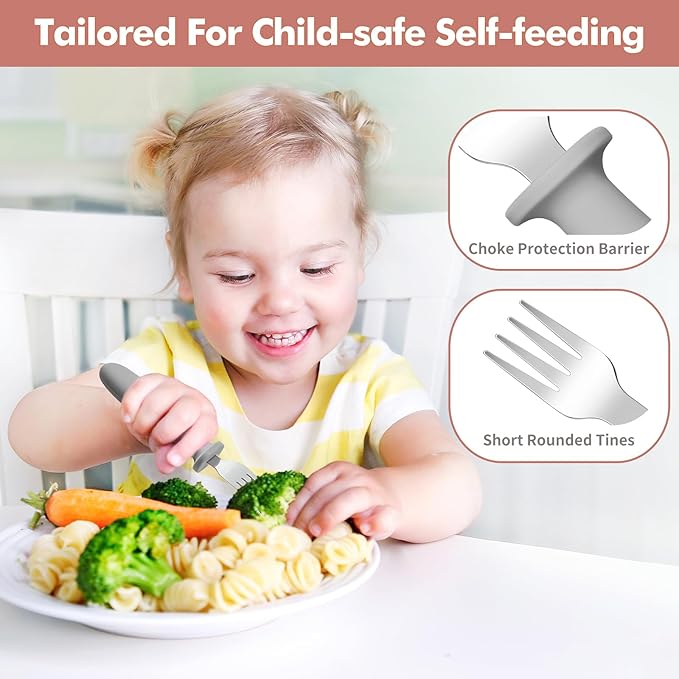 DRKIO 8 Pieces Toddler Forks Set - Baby Forks with Silicone Handle Children safe 18/8 Stainless Steel Toddler Utensils Set for Self Feeding Kids Silverware Anti-Choke Design Food Grade Dishwasher Safe-CubbioJoy