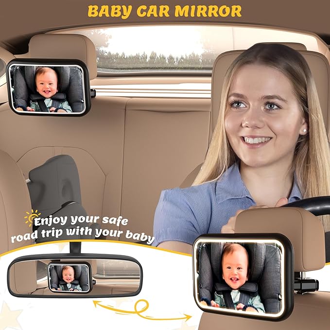 Baby Car Mirror with Light, 7 RGB Light Rear Facing Baby Car Seat Mirror with Remote Control Rechargeable 360° Rotation Hook Clip Design Wide View Shatterproof-CubbioJoy