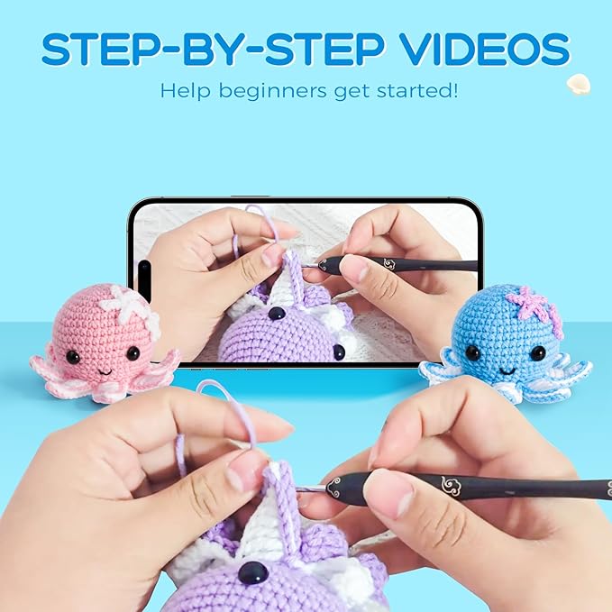 Crochet Kit for Beginners, Make 3 Amigurumi Crochet Animals with Step-by-Step Video Tutorials, Complete Starter Kit for Adults, Kids and Teens, Perfect DIY Craft Gift to Learn Crocheting-CubbioJoy