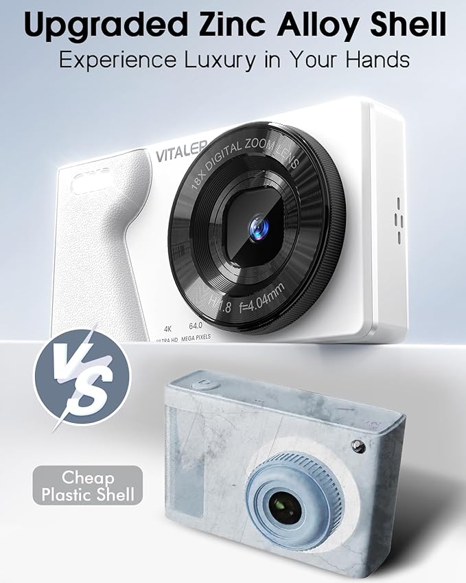 Digital Camera with Front Rear Lens, Autofocus 64MP 4K Camera for Photography with 32GB Card, Portable Compact Point and Shoot Camera for Teens Adult Beginner with Metal Shell, 2000mAh Battery-CubbioJoy