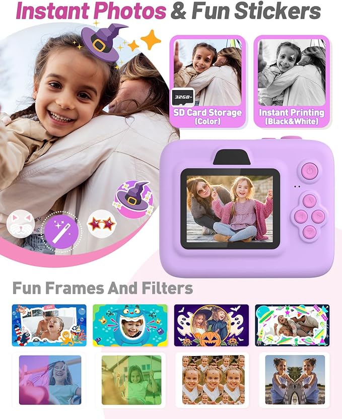 Instant Print Camera for Kids, Christmas Birthday Gifts for 3-12 Year Old Girls Boys, 2.4in Screen 1080P Video Digital Camera Toys for Kids Age 4 5 6 7 8 9 10 with 3 Rolls Print Paper 32G Card-CubbioJoy