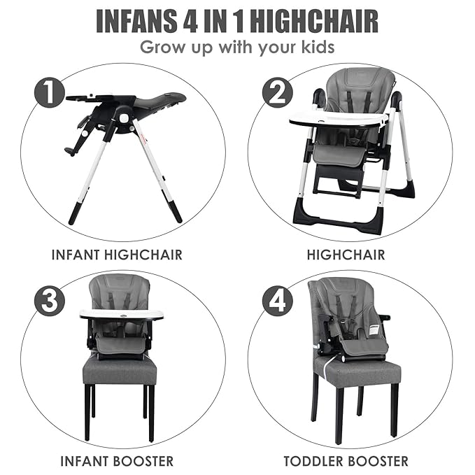 INFANS 4 in 1 High Chair–Booster Seat, Convertible Highchair w/Adjustable Height and Recline,Removable Tray,DetachableCushion, Installation-Free,Simple Fold for Baby, Infant& Toddler-CubbioJoy