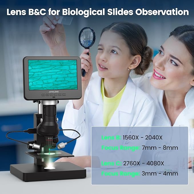 JL246PS 3 Lens 7'' HDMI Digital Microscope 4000X, Biological Microscope for Adults Kids with Prepared Slides, UHD 2160P Video, Full Coin Microscope for Error Coins, Windows Compatible, 32GB-CubbioJoy