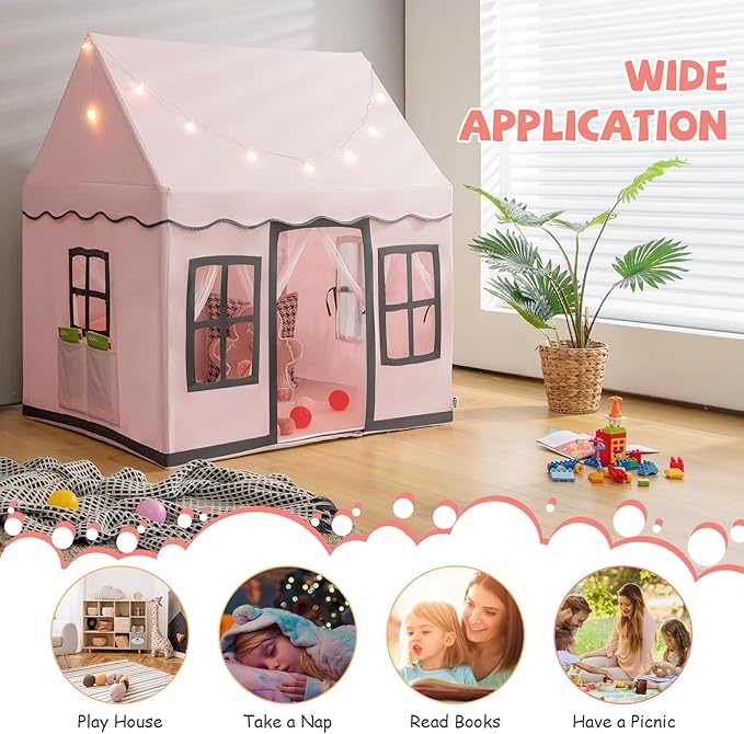 INFANS Kids Play Tent with Washable Mat Star Light Windows, Anti-Trip Large Playhouse Toys for Children Boys Girls, Indoor Outdoor Princess Tents Castle for Toddlers (Pink)-CubbioJoy