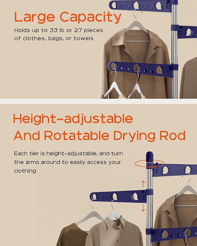Clothes Drying Rack Foldable, 70.9 inch Tripod Drying Rack for 35 Pieces of Clothes, with Height-Adjustable Rotatable Clothes Rails, Space Saving, Stainless Steel, Blue and Silver CDR005Q01-CubbioJoy