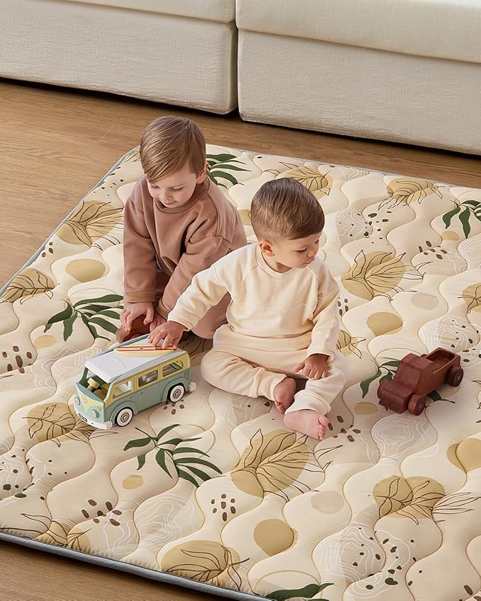 Blissful Diary Baby Play Mat, 47x47 Infant Play Mat for Playpen, Thicken Foam Cushioned Baby Mat for Floor, Non-Slip Kids Play Mat, Washable Baby Playmat for Babies,Toddlers, Earth Tones Design-CubbioJoy