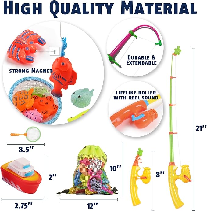 CozyBomB™ Magnetic Fishing Toys Game Set for Kids | Water Table Bathtub Kiddie Pool Party & Pole Rod Net, Plastic Floating Fish Toddler Color Ocean Sea Animals Birthday Age 3 4 5 6 Year-CubbioJoy
