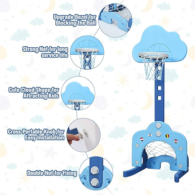 Costzon Kids Basketball Hoop, Toddler Sports Activity Center w/ 5 Adjustable Height Levels, Basketball Soccer Golf Game Set, Indoor Outdoor Basketball Hoop Set Gift for Baby Infant-CubbioJoy