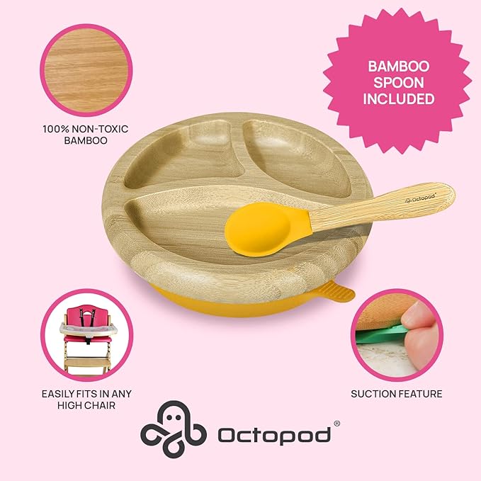 Abiie Octopod Bamboo Dish - Kids Plates for 4 months and up, 3-Compartment Baby Plates with Suction, Round Bamboo Baby Plate, Mess-Free Toddler Suction Plates, Baby Feeding Supplies, 7.5 x 7.5 x 1.9in-CubbioJoy