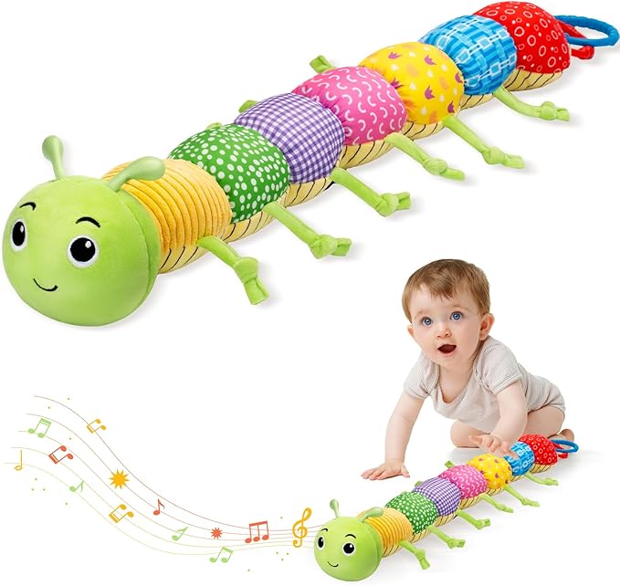 Baby Toys, Musical Plush Stuffed Toy for Newborn 0-3 0-6 3-6 6-12 Months Old, Animal Soft Rattle Sensory Toys with Teether for Tummy Time, Infant Boy& Girl Easter Gifts, Caterpillar-CubbioJoy