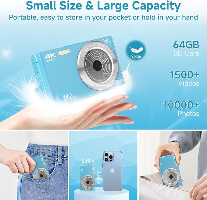 Digital Camera for Teens, FHD 4K 44MP with 64GB SD Card, 16X Digital Zoom, Compact Point Shoot Camera Blue-CubbioJoy