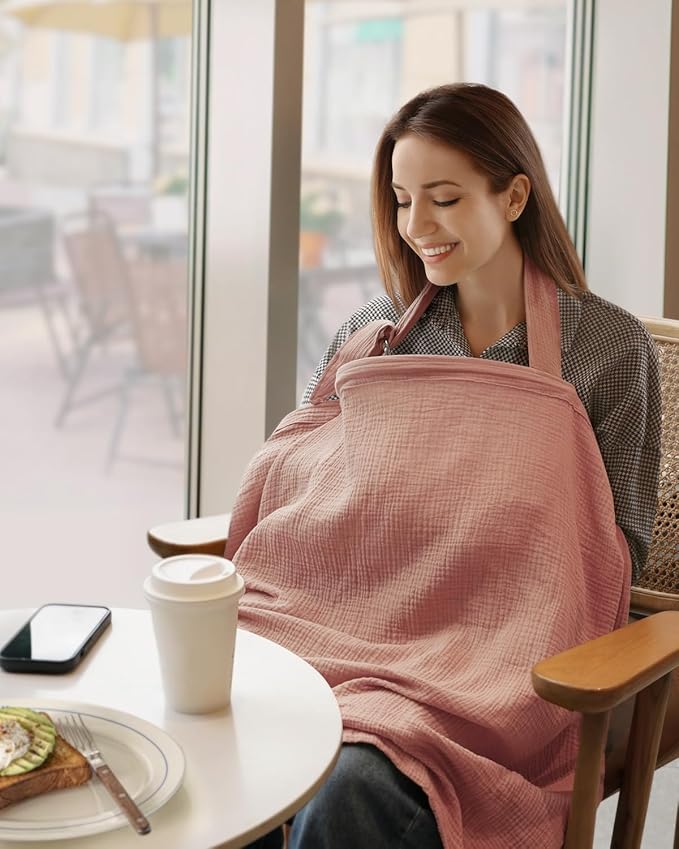 Blissful Diary Muslin Nursing Cover for Breastfeeding, Breathable Breastfeeding Cover up with Arch Neckline for Women, Nursing Apron (Dusty Pink)-CubbioJoy