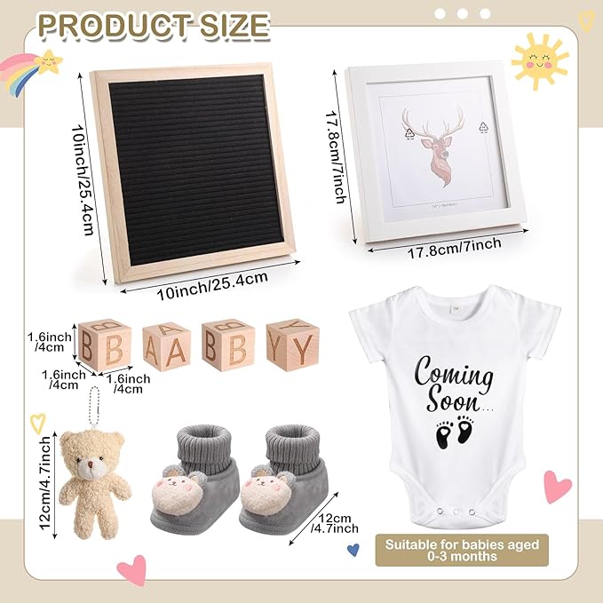 9 Pcs Pregnancy Announcement Set Pregnancy Reveal Ideas Felt Letter Board Baby Bodysuit Booties Photo Frame Bear Plush Wood Blocks for Coming Soon Baby Announcement(Black)-CubbioJoy
