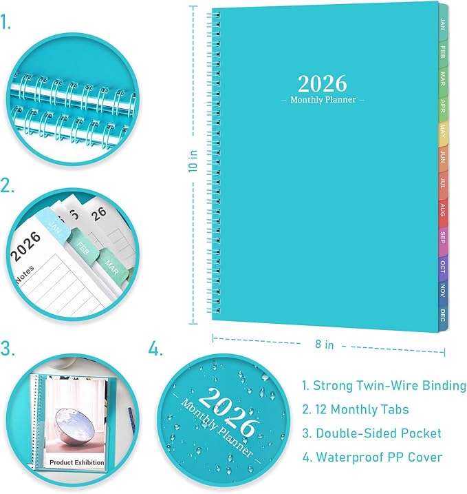 2026 Monthly Planner/Calendar - 2026 Planner, JAN 2026-DEC 2026, 12-Month Planner with Colorful Tabs, 2026 Calendar Planner for Daily Organizing - Waterproof Cover (8" x10", Monthly Pages & Notes, Blue)-CubbioJoy