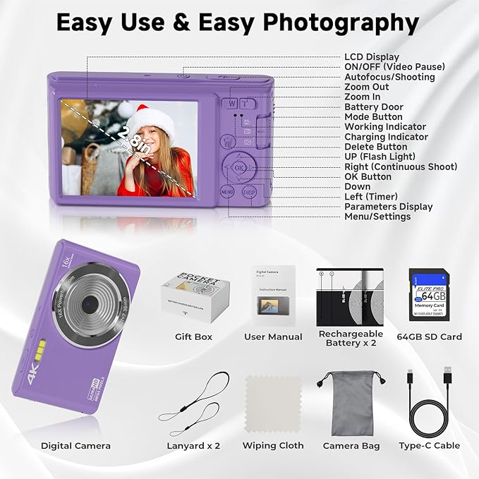 Digital Camera, 44MP FHD 4K Vlogging Camera for Kids Point and Shoot Cameras with 64GB Card, 16X Zoom Portable Compact Small Camera Gifts for Teens Boys Girls Adult Beginner-CubbioJoy
