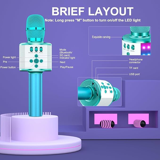 BONAOK Karaoke Microphone for Kids & Adults - Bluetooth Microphones Singing Mic with Disco Lights, Echo Effect, Built-in Speaker Portable Karaoke Player for Party Travel Gifts Q78(Ice Blue)-CubbioJoy