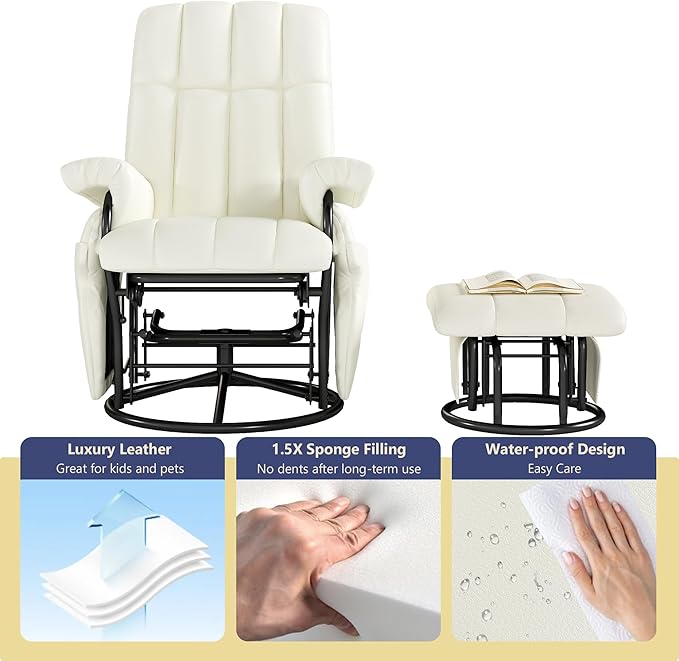 AODAILIHB Swivel Glider Recliner with Ottoman, 360 Rocking Chair with Foot Rest Recliner Chair Indoor Rocking Chair with Side Pockets Nursery Chairs for Living Room, Bedroom, Office (White)-CubbioJoy