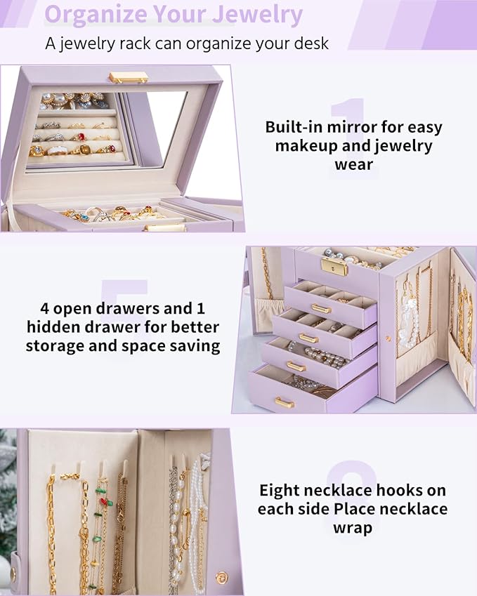 AKOZLIN 5-Tier Jewelry Box Leather Jewelry Storage Organizer with 4 Drawers Lockable for Women Girls Ring Necklace Earring Bracelet Watches Holder with Mirror Purple-CubbioJoy