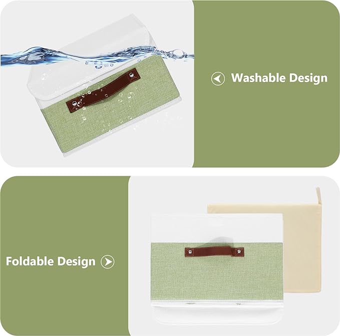 ANMINY 2PCS Storage Boxes with Lid Washable Decorative Storage Bins Basket with PU Leather Handle Foldable Linen Fabric Storage Cubes Containers for Home Closet Organizer - Green White, Small Size-CubbioJoy