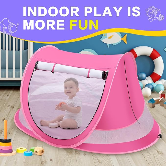 Baby Beach Tent with Baby Hat, Pop Up Toddler Travel Bed with Sun Hat for Boys or Girls, Sun Shade for Toddler Camping, Infant Portable Sun Shade, Summer Beach Baby-CubbioJoy