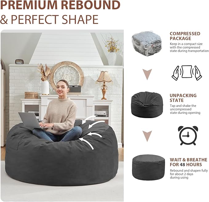 4FT Bean Bag Chair, Large Bean Bag Chairs with Memory Foam Filled, Fluffy Beanbag Sofa with Dutch Velvet Cover, Round BeanBag Chairs for Living Room, Playroom - Grey-CubbioJoy