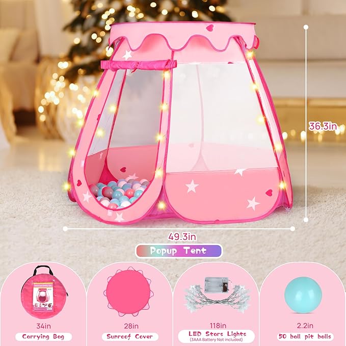 Baby Ball Pit for Toddler with 50 Balls, Pop Up Princess Tent with Star Lights for 1 2 3 Year Old Birthday Gift, 12-18 Months Baby Girl Toys with Carrying Bag, Indoor&Outdoor Play Tent for Kids-CubbioJoy