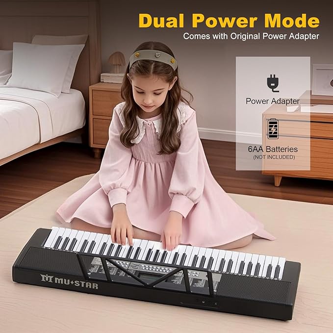 61 Key Piano Keyboard, Electric Keyboard Piano with Light-Up Keys, 255 Tones/Rhythms, Smart Learning System, Headphone, Microphone, Keyboard Stand, Stool, Stickers, Piano Keyboard Set for Beginners-CubbioJoy