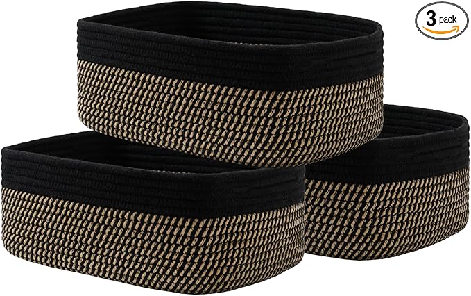 KALLAX Small Woven Basket, 13.5 x 9.5 x 5 Inches, Storage Basket for Organizing, Cute Small Rope Shelf Closet Cube Storage Bins Baskets for Shelves, Dog Toy Gift Baskets Empty, 3 Pack Black & Brown-CubbioJoy