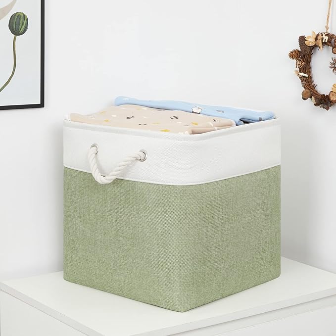 Bidtakay Cubby Storage Bins Set of 3 Fabric Baskets for Shelves Closet Drawer Organizer Storage Cubes 13x13 Collapsible Organization Baskets for Nursery Toy Shelf (White&green)-CubbioJoy