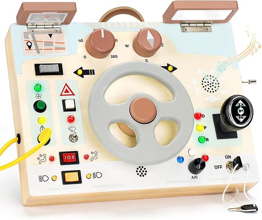 Joyreal Montessori Toddler Busy Board - Montessori Toys for 1 2 3 Years Old, Wooden Sensory Board with LED Lights, Steering Wheel, Music Player, Travel Toys for 1+ Year Old Boy & Girl Birthday Gift-CubbioJoy