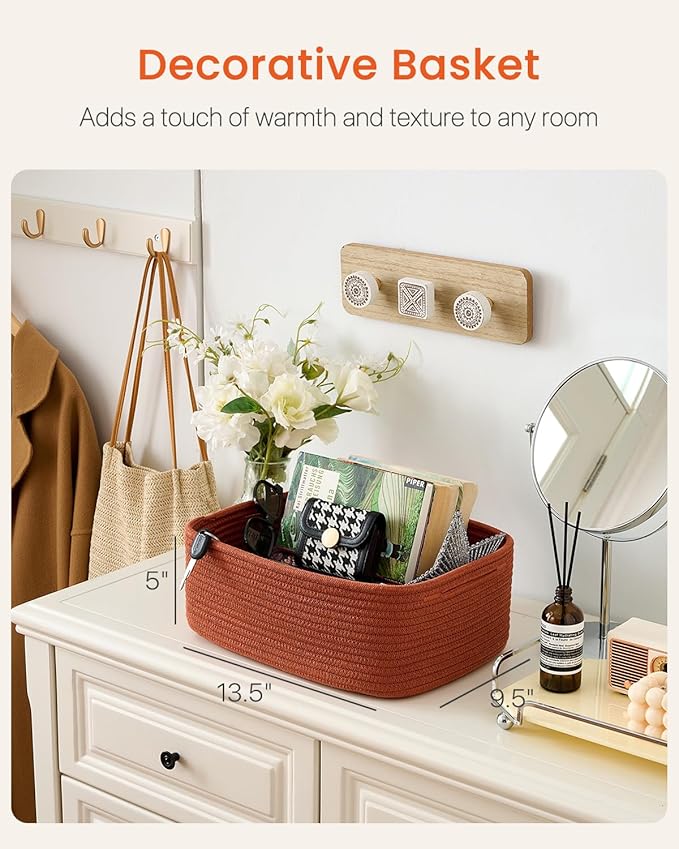 KALLAX Small Woven Basket, 13.5 x 9.5 x 5 Inches, Storage Basket for Organizing, Cute Small Rope Shelf Closet Cube Storage Bins Baskets for Shelves, Dog Toy Gift Baskets Empty, 3 Pack Rust Red-CubbioJoy