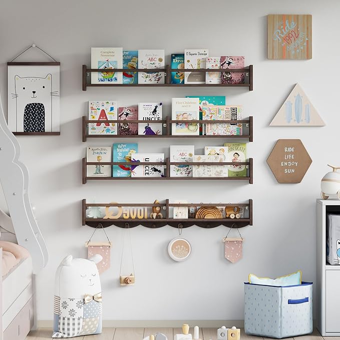 34Inch Nursery Bookshelves,Set of 4,Wall Floating Shelf Kids Coat Rack with 6Hooks,Hanging Book Shelf for Baby Nursery Room Décor (Dark Brown, 34)-CubbioJoy