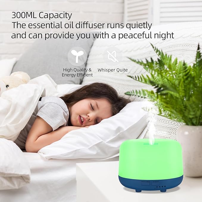 300ML Aromatherapy Ultrasonic Diffuser, Aroma Diffuser, Air Diffuser for Essential Oils, Oil Defuser with Remote, 7 Color Changing LED Light,Auto-Off,Timer for Home,Bedroom Office,Kids.-CubbioJoy