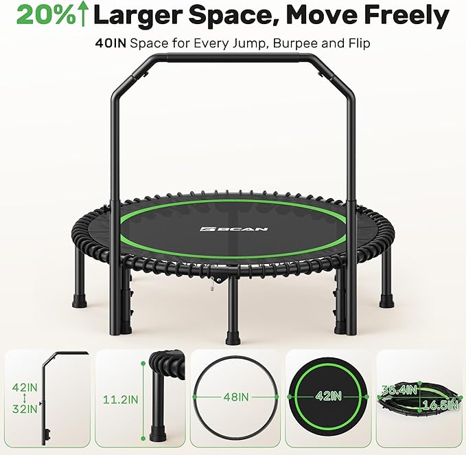BCAN 40"/48" Mini Rebounder Trampoline for Adults with Bar, 450/550LBS Fitness Trampoline with Bungees, Adjustable Handle, Stable & Quiet, Indoor Outdoor, Whole-Body Workout & Relaxation at Home-CubbioJoy