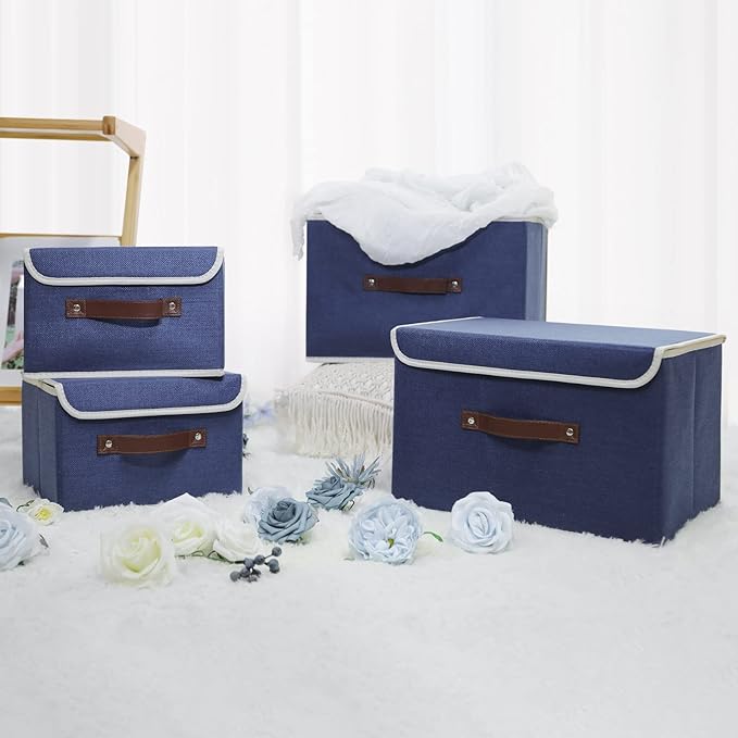 ANMINY Storage Bin with Lid Storage Boxes with PU Leather Handles PP Plastic Board Decorative Foldable Lidded Cotton Linen Fabric Home Cubes Baskets Closet Organizer Container - Blue, Large Size-CubbioJoy