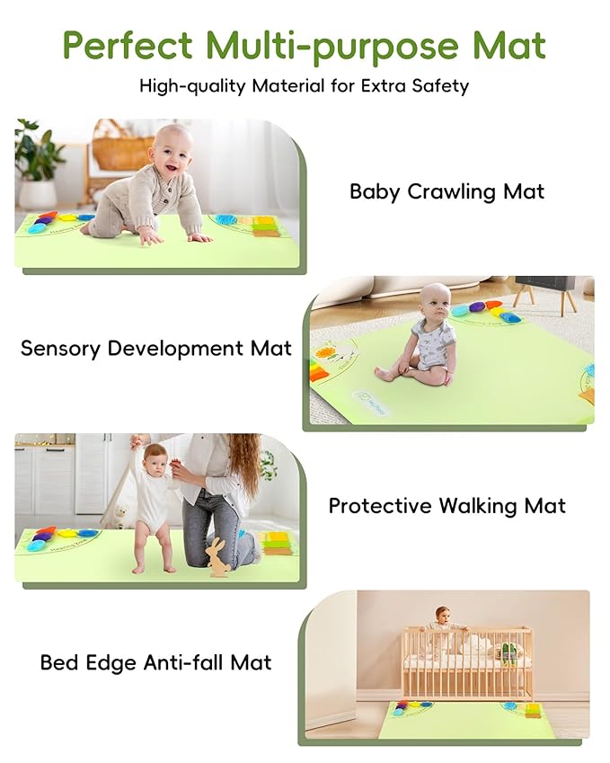 Baby Play Mat, 50''x50'' Playpen Mats with 4 Sensory Development Zones for Motor Skills, Unique Crawling Mats with Non-Slip Cushioned That Fits Nicely into Any Playroom, Green-CubbioJoy