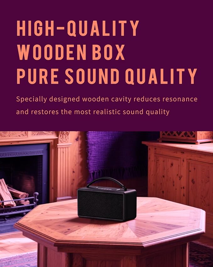 DINDIN Portable Bluetooth Speaker: 80W (Peak), 20H Playtime, Loud Wireless Wood Speakers with Bass, AUX and USB Input, Subwoofer, TWS Pairing, Vintage Speaker for Outdoor, Home, Office (Black)-CubbioJoy