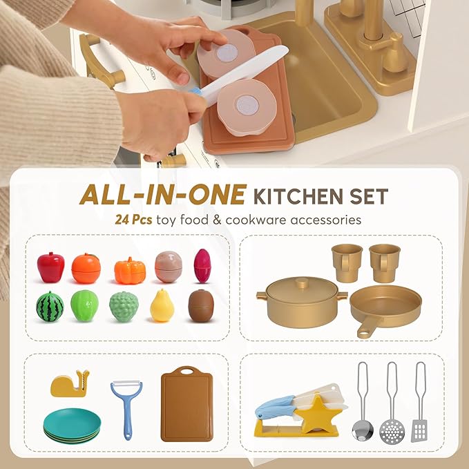 BIERUM Play Kitchen with Realistic Lights & Sounds, Wooden Kitchen Playset Chef Pretend Play Set for Toddlers, Toy Kitchen with 26 Pcs Toy Food & Cookware Accessories, Gift for Ages 3+-CubbioJoy