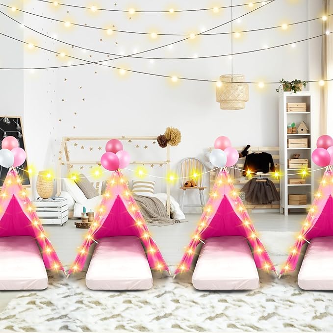 6 Pack Sleepovers Teepee Tent for Kids Bulk with Mattress Sheet Light,Natural Cotton Washable Indoor Play Tent for Birthday Slumber Party Girls Boys Pajama Movie Night Supplies(Rose Red)-CubbioJoy