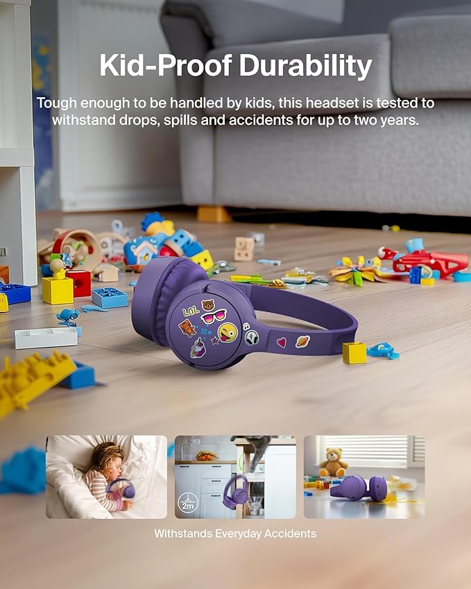 Belkin SoundForm Mini - Wireless Bluetooth Kids Headphones, 30H Battery, 85dB Safe Volume Limit, Built-in Microphone - Toddler On-Ear Earphones for iPhone, iPad - Ideal for School - Purple w/Case-CubbioJoy