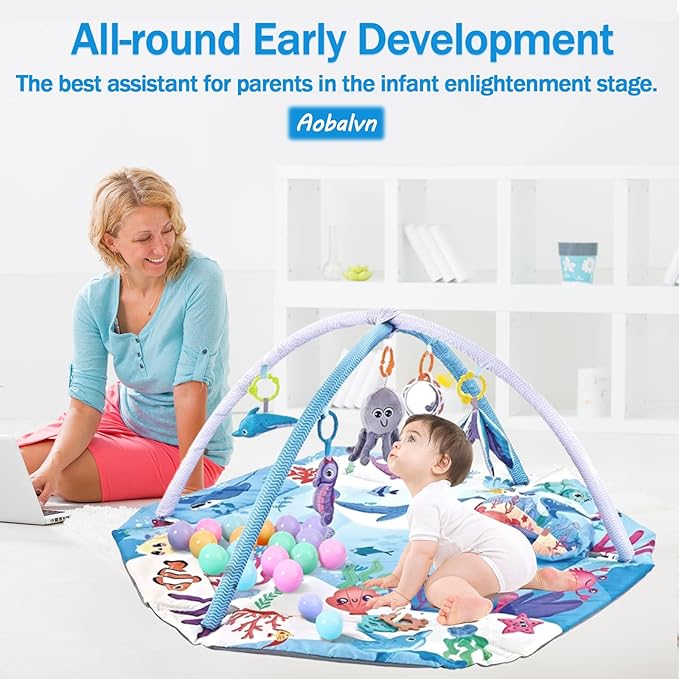Baby Play Gym Mat,10-in-1 Tummy Time Mat,Sea World Baby Play Mat Activity Gym,Washable Foldable Baby Floor Play Mat for Infants and Toddlers from 0-6-12 Months Newborn Sensory Motor Skill Development-CubbioJoy