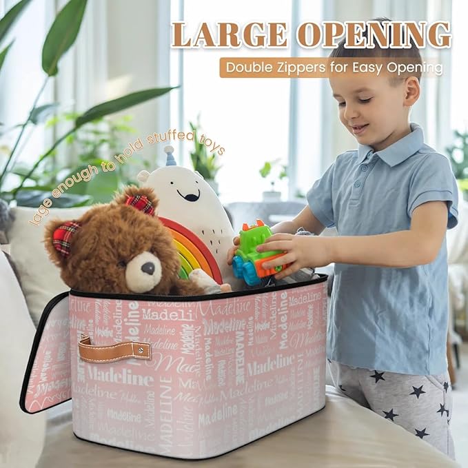 Custom Storage Basket with Name, Personalized Storage Bins with Zipper Lid, Foldable Fabric Storage Box Large capacity with Handle Pink White-CubbioJoy